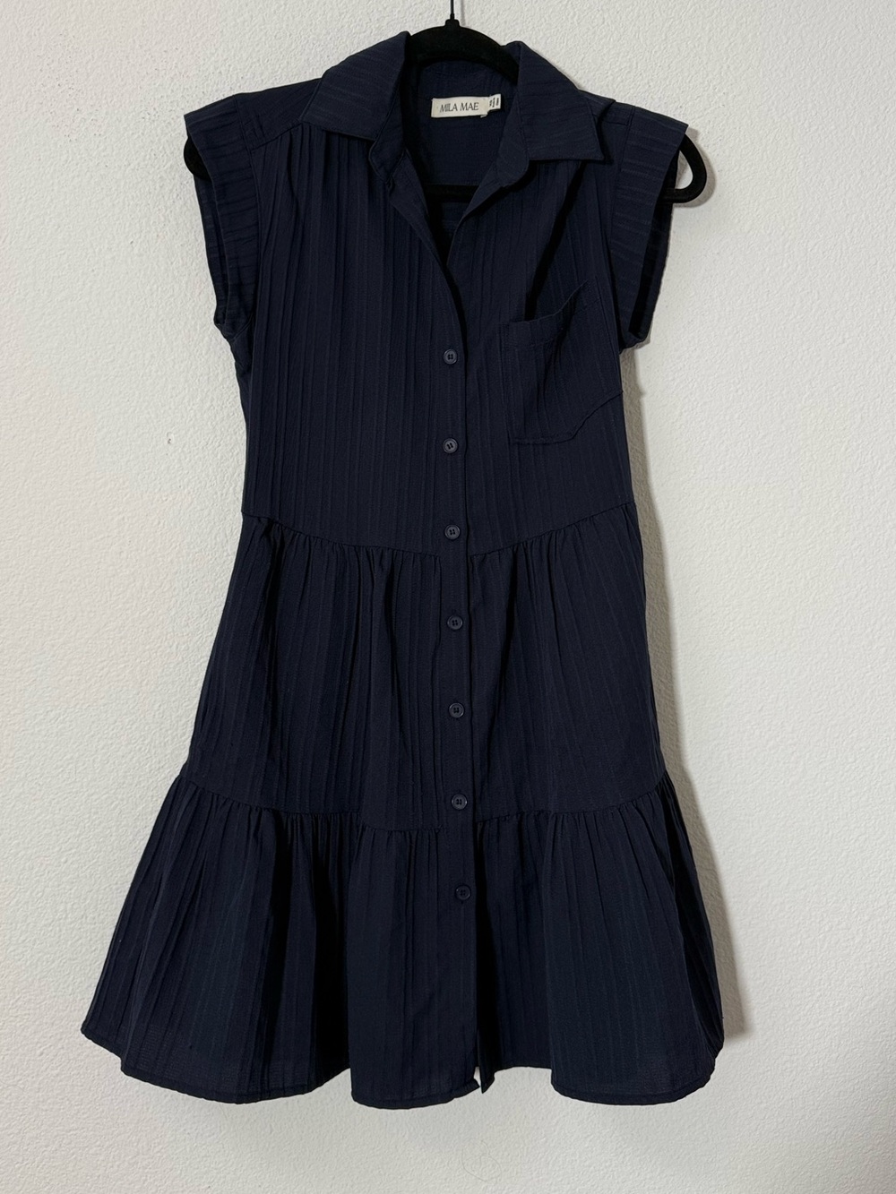 Mila Mae Navy Tiered Button Front Shirt Dress Flutter Sleeve Mini Size XS